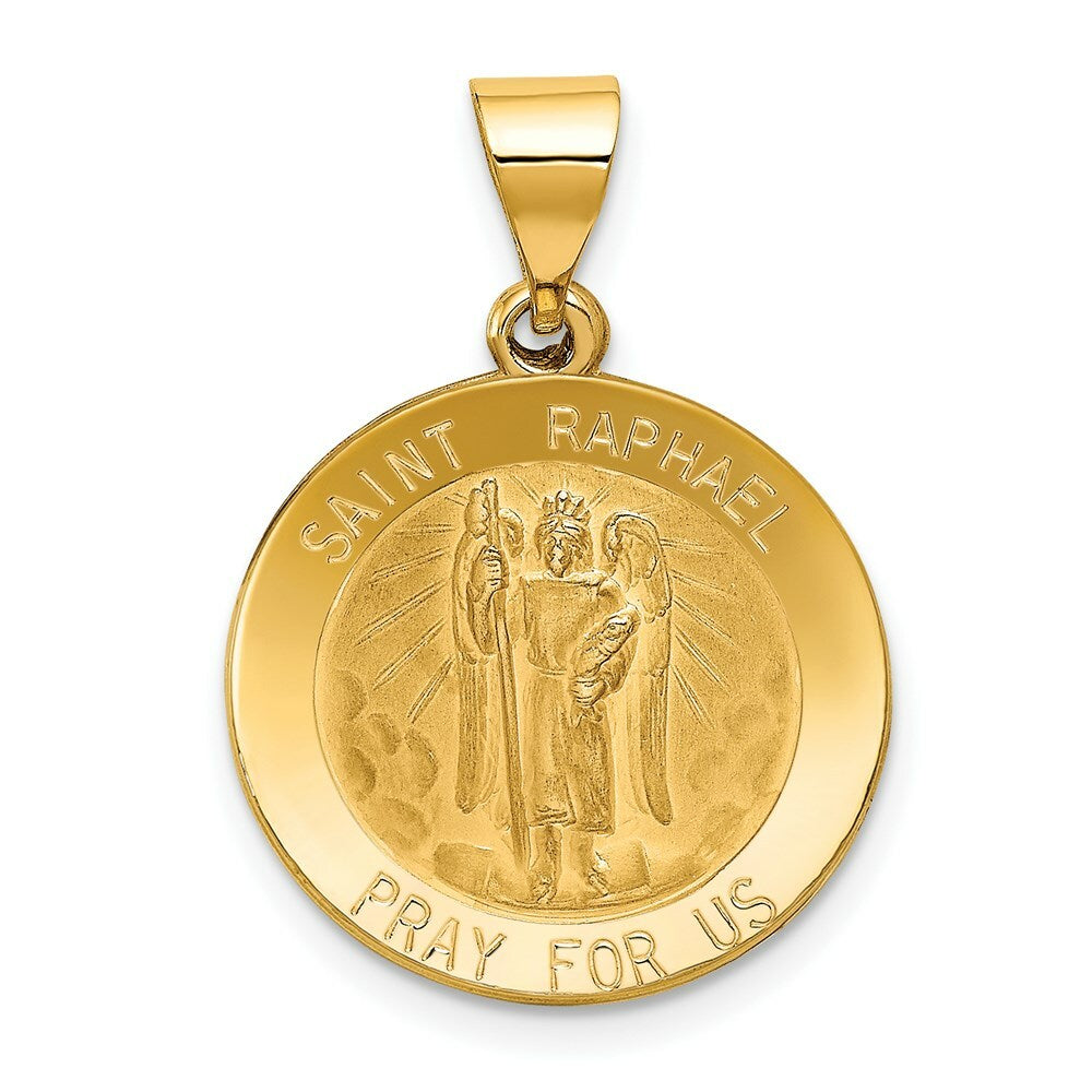 14K Yellow Gold Polished and Satin St. Raphael Medal Pendant 20mm width