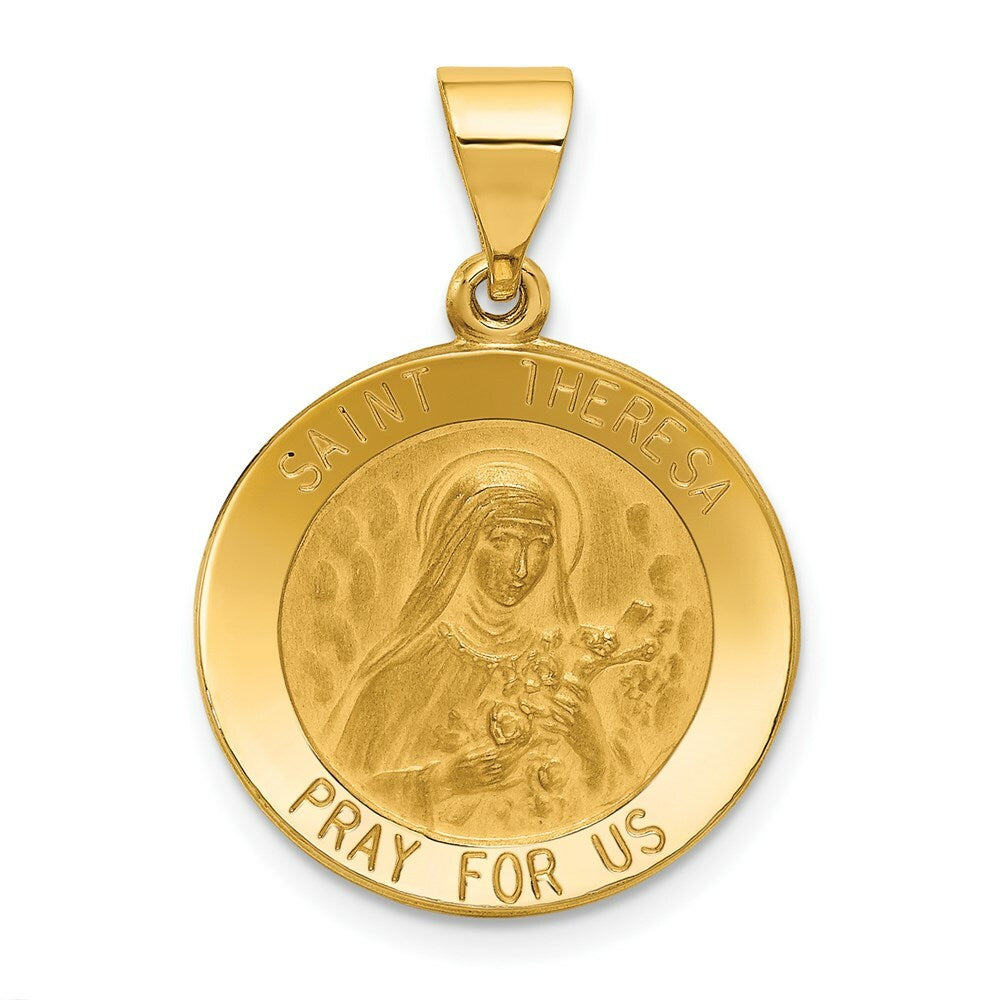 14K Yellow Gold Polished and Satin St. Theresa Medal Pendant 19mm width