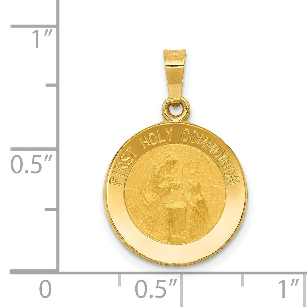 14K Yellow Gold Polished and Satin First Holy Communion Medal Pendant 15mm width