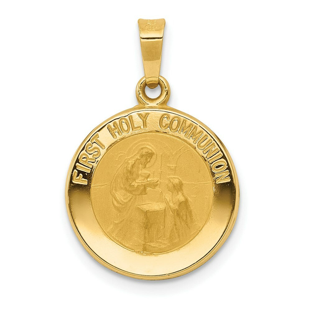 14K Yellow Gold Polished and Satin First Holy Communion Medal Pendant 15mm width