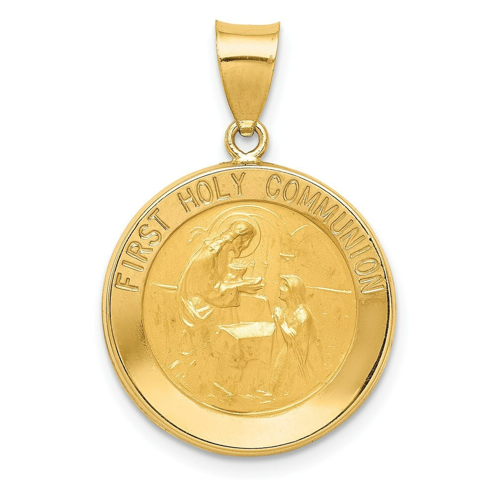 14K Yellow Gold Polished and Satin First Holy Communion Medal Pendant 18mm width