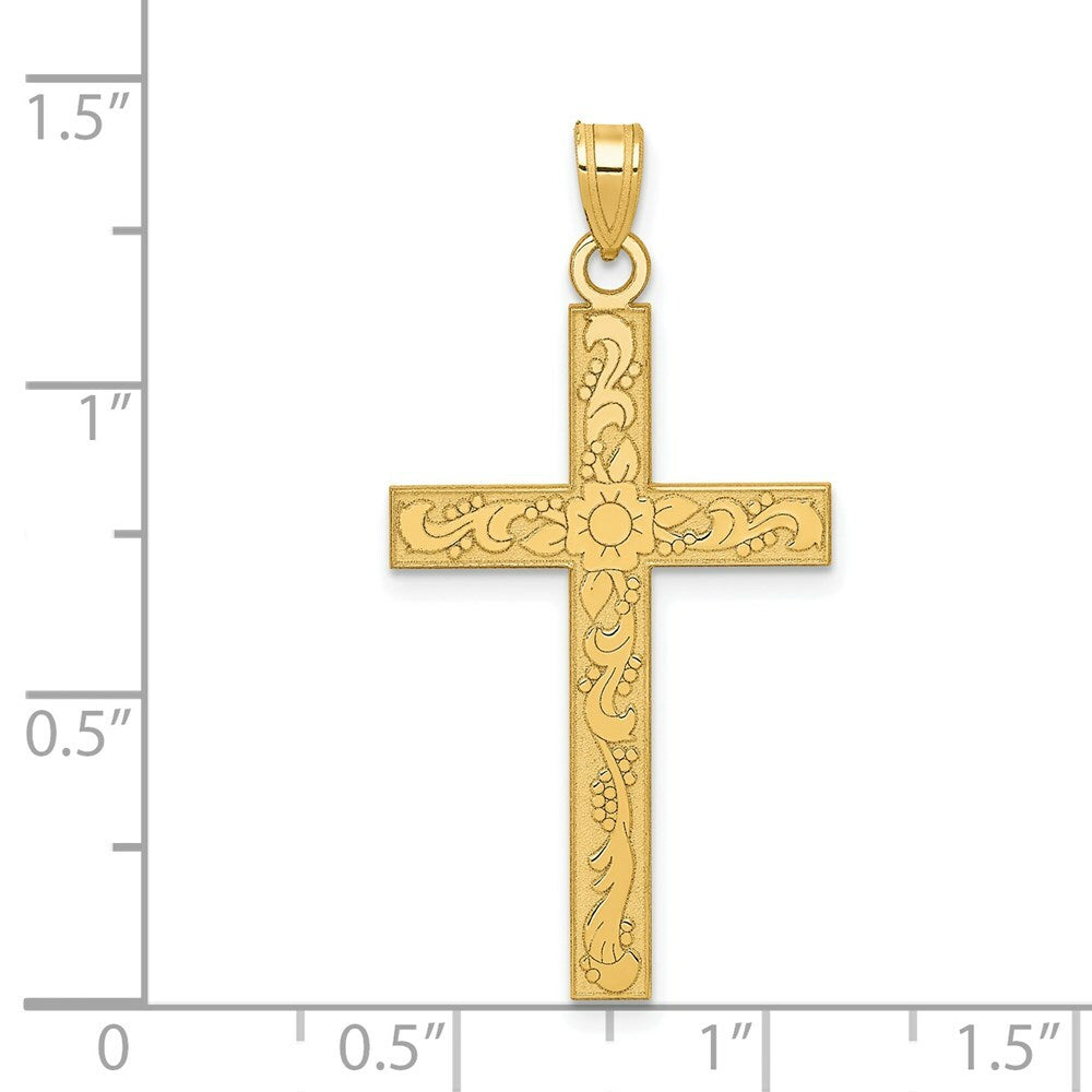 14K Yellow Gold Floral Cross Pendant 37mm length