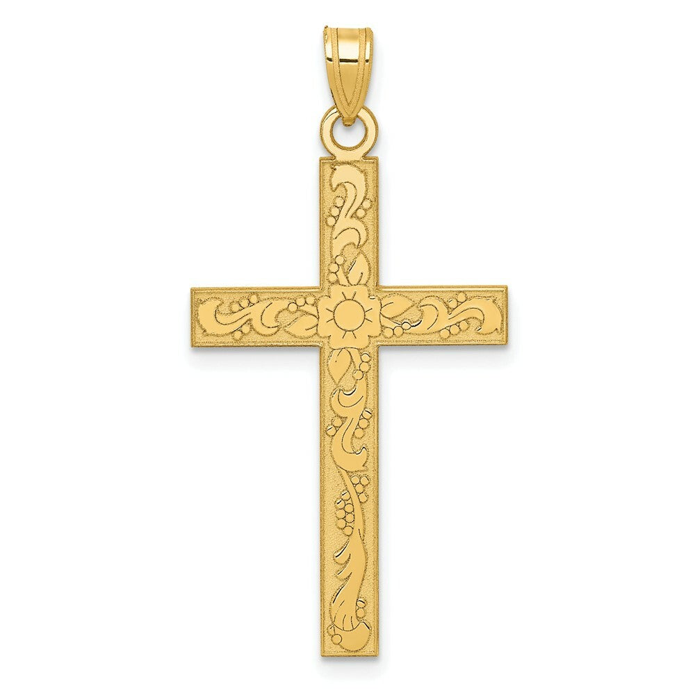 14K Yellow Gold Floral Cross Pendant 37mm length