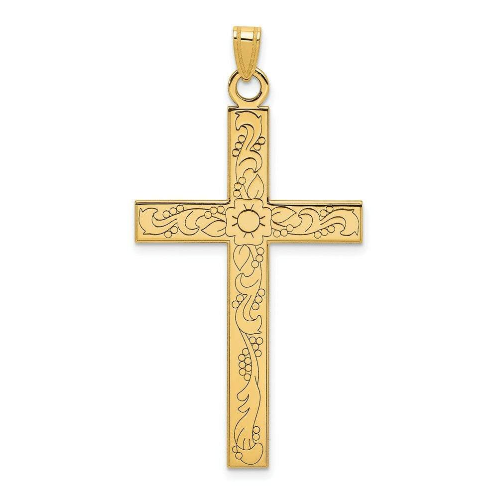 14K Yellow Gold Floral Design Cross Pendant
