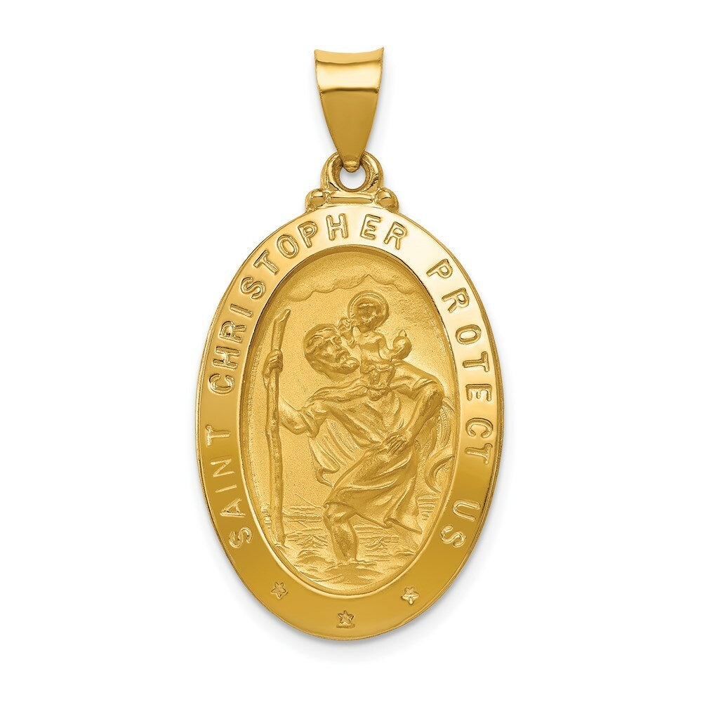 14K Yellow Gold Polished and Satin St. Christopher Medal Pendant 18mm width