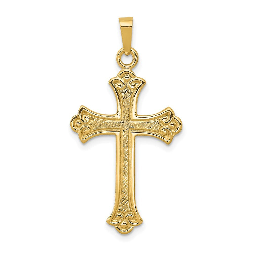 14K Yellow Gold Textured and Polished Fleur de lis Cross Pendant