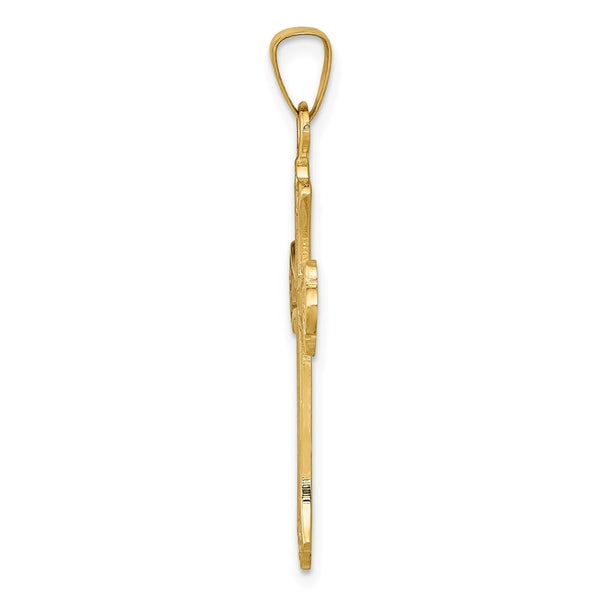 14K Yellow Gold Textured and Polished Fleur de lis Cross Pendant