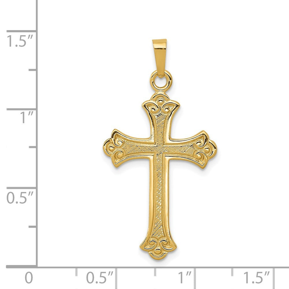 14K Yellow Gold Textured and Polished Fleur de lis Cross Pendant