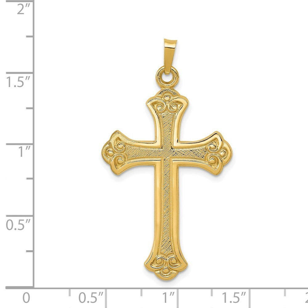 14K Yellow Gold Textured and Polished Fleur de lis Cross Pendant