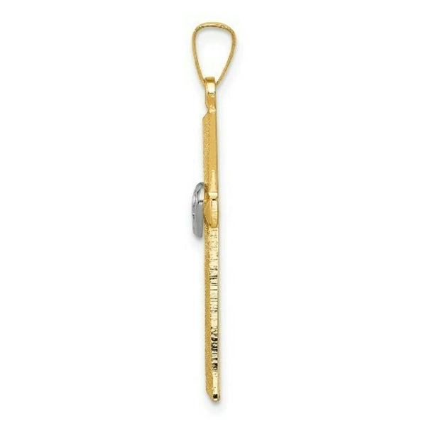14K Two-tone Gold Textured and Polished Latin Cross w/ Hearts Pendant