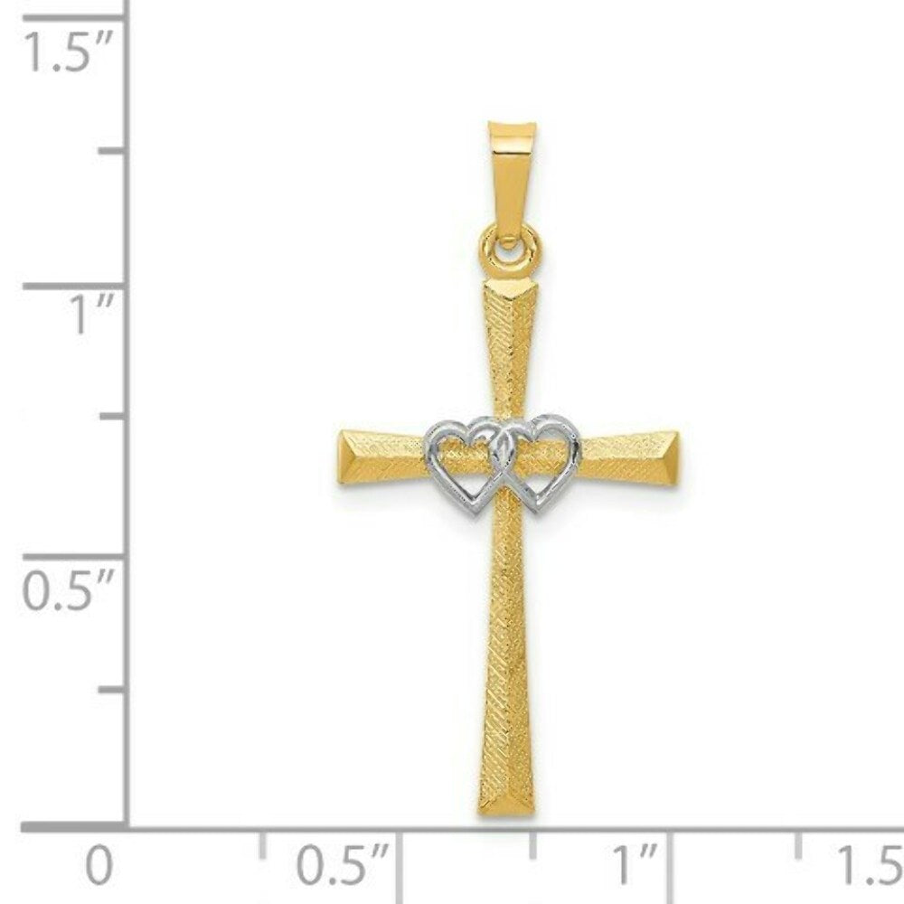 14K Two-tone Gold Textured and Polished Latin Cross w/ Hearts Pendant