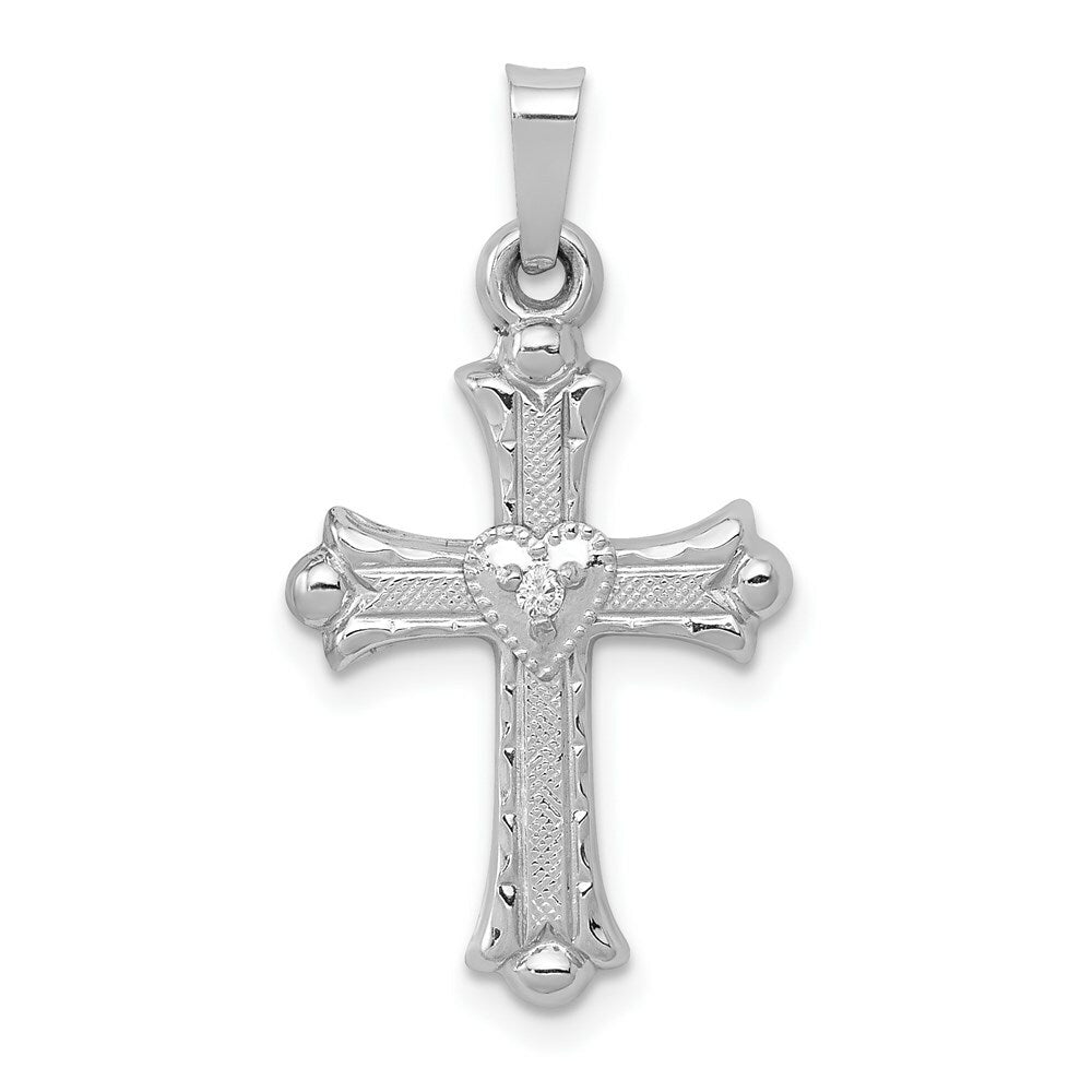 14K White Gold Diamond Textured & Polished Fleur de lis Cross Pendant