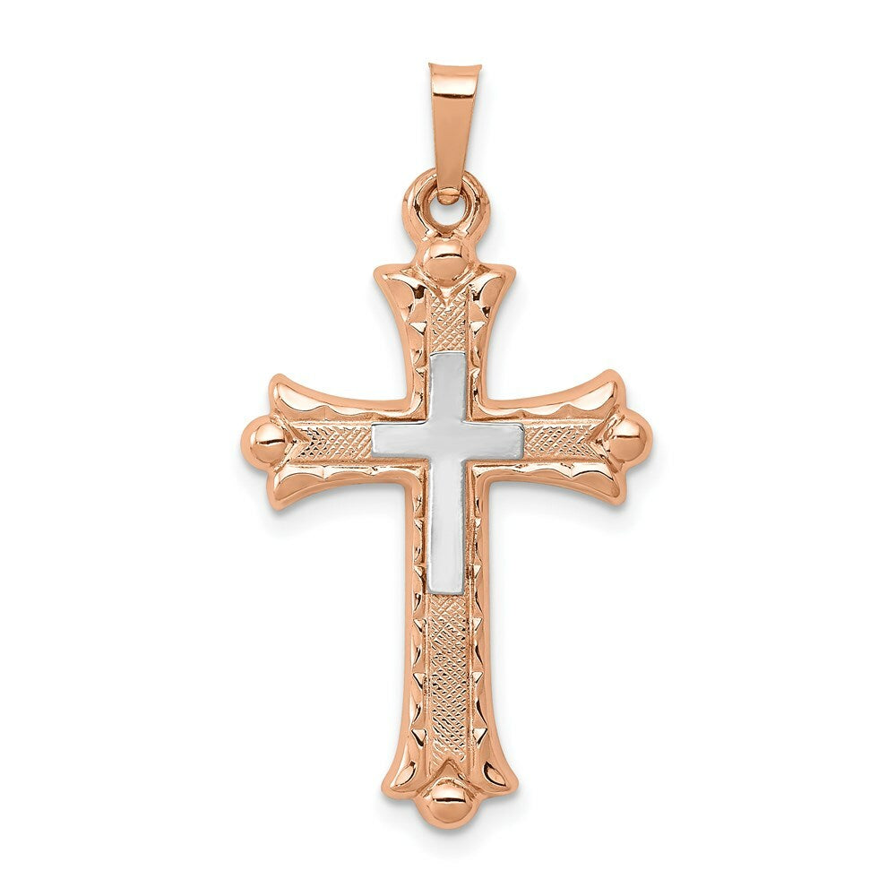 14K Two-tone Gold Textured, Brushed & Polished Budded Cross Pendant