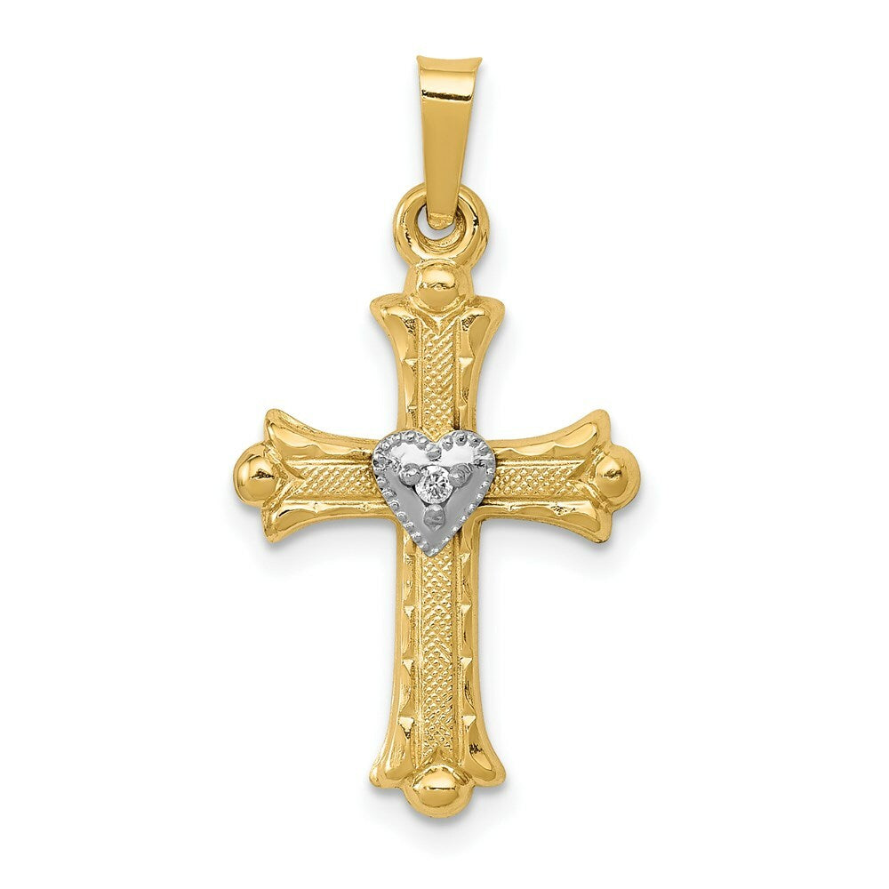 14K Yellow Gold Diamond, Textured, Brushed & Polished Fleur de lis Cross Pendant