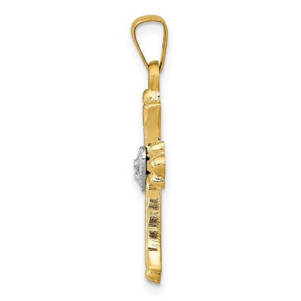 14K Yellow Gold Diamond, Textured, Brushed & Polished Fleur de lis Cross Pendant