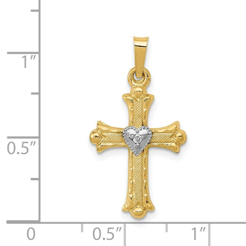 14K Yellow Gold Diamond, Textured, Brushed & Polished Fleur de lis Cross Pendant