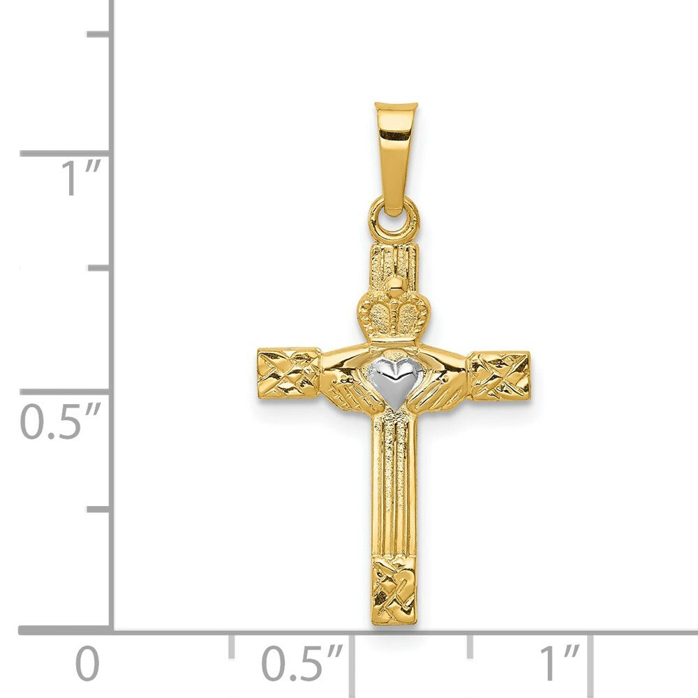 14K Yellow Gold and Rhodium Polished Claddagh Cross Pendant