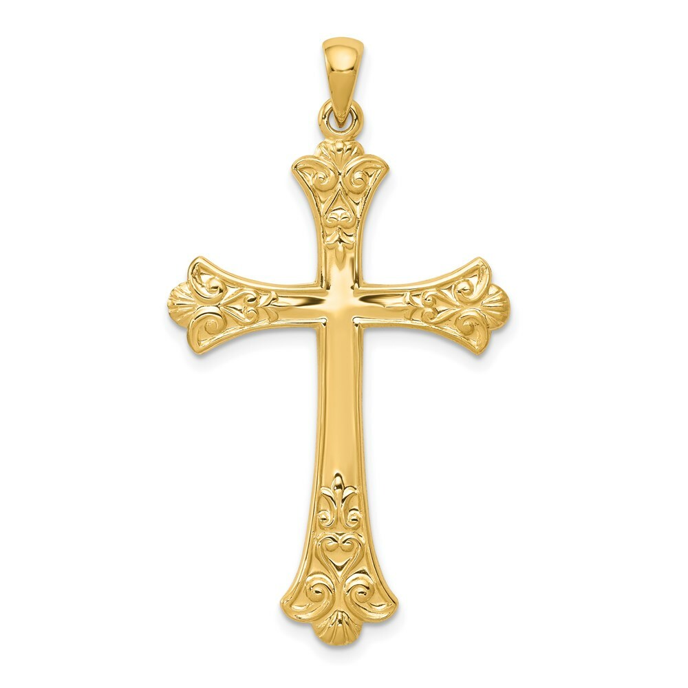 14K Yellow Gold Fleur De Lis Cross Pendant 46mm length