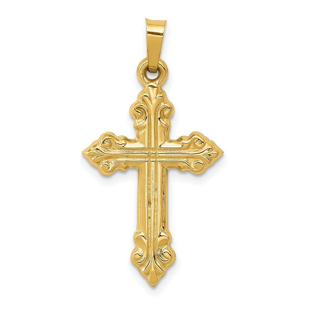 14K Yellow Gold Brushed and Polished Budded Cross Pendant