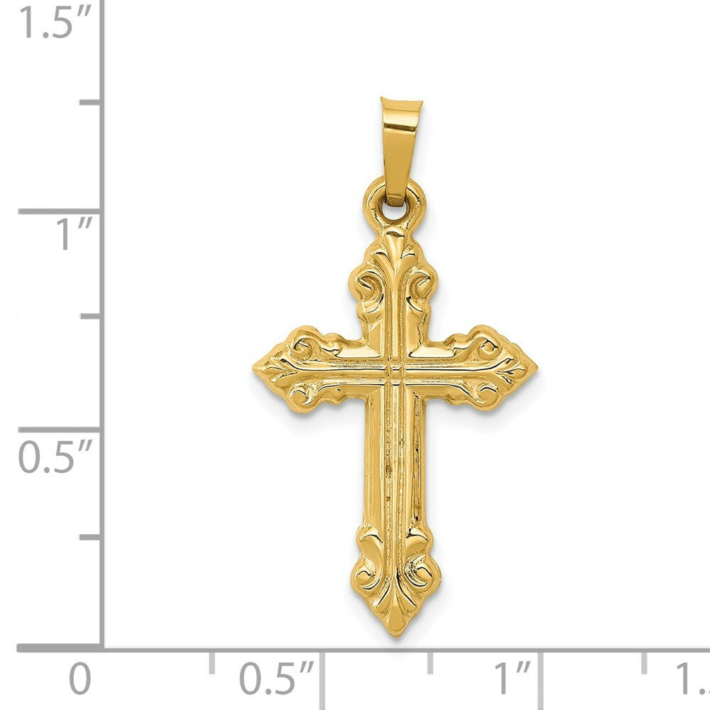 14K Yellow Gold Brushed and Polished Budded Cross Pendant