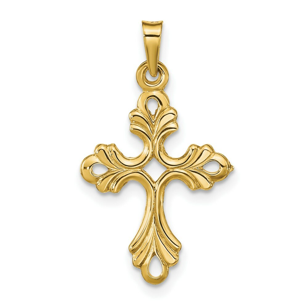 14K Yellow Gold Polished Fleur De Lis Cross Pendant
