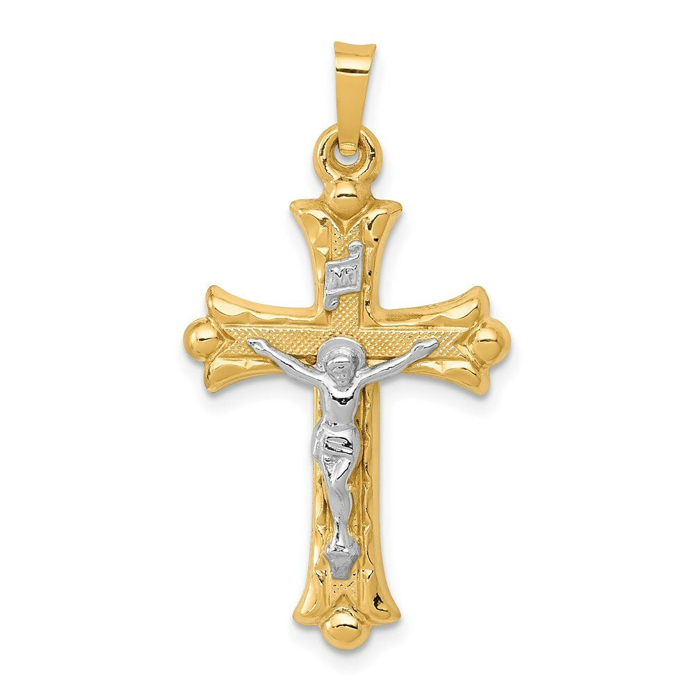 14K Two-tone Gold Textured and Polished INRI Crucifix Cross Pendant