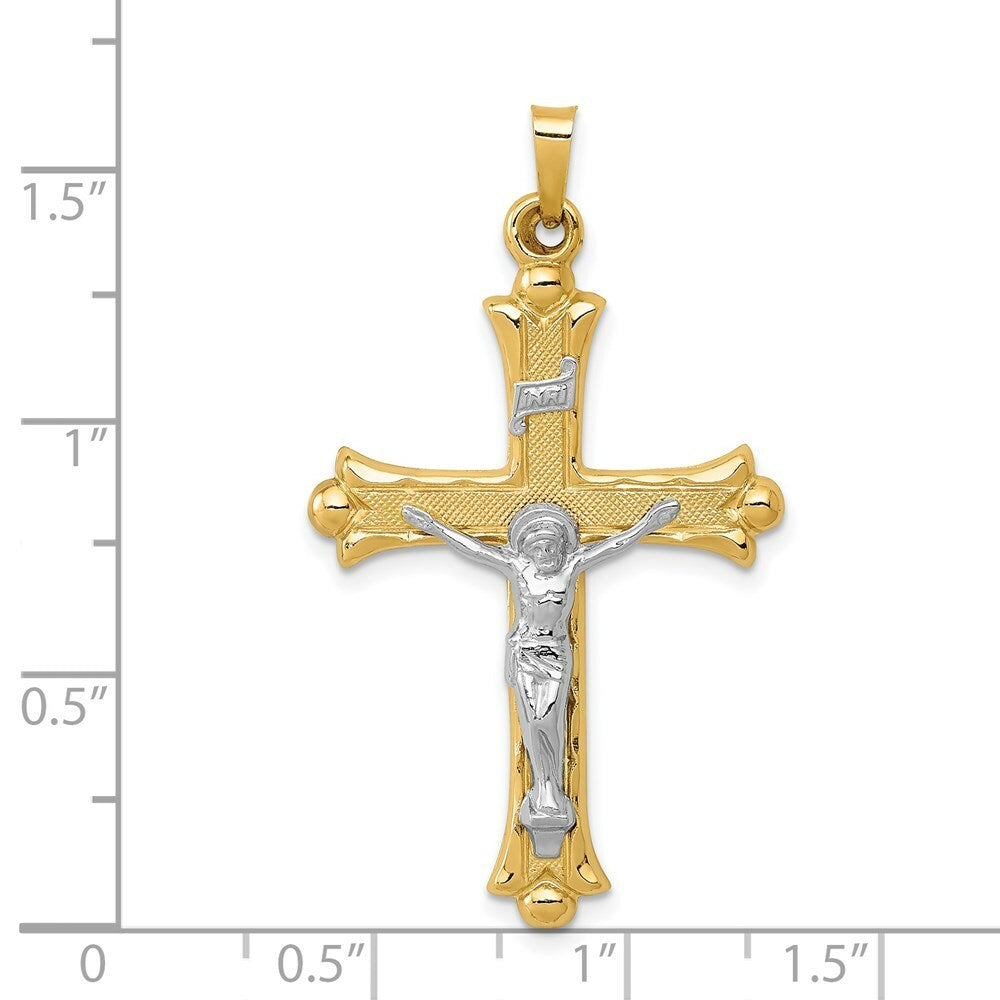 14K Two-tone Gold Textured and Polished INRI Crucifix Pendant