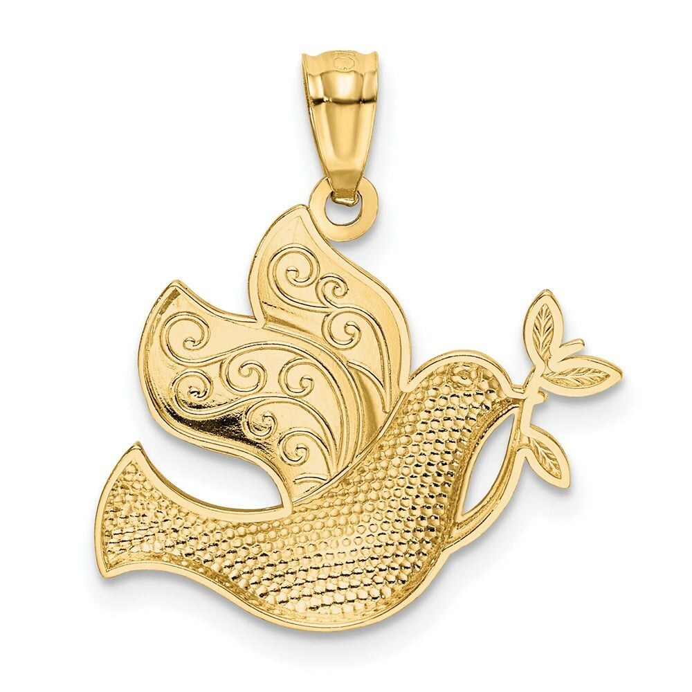 14K Yellow Gold w/Rhodium Polished Dove w/Olive Branch Pendant