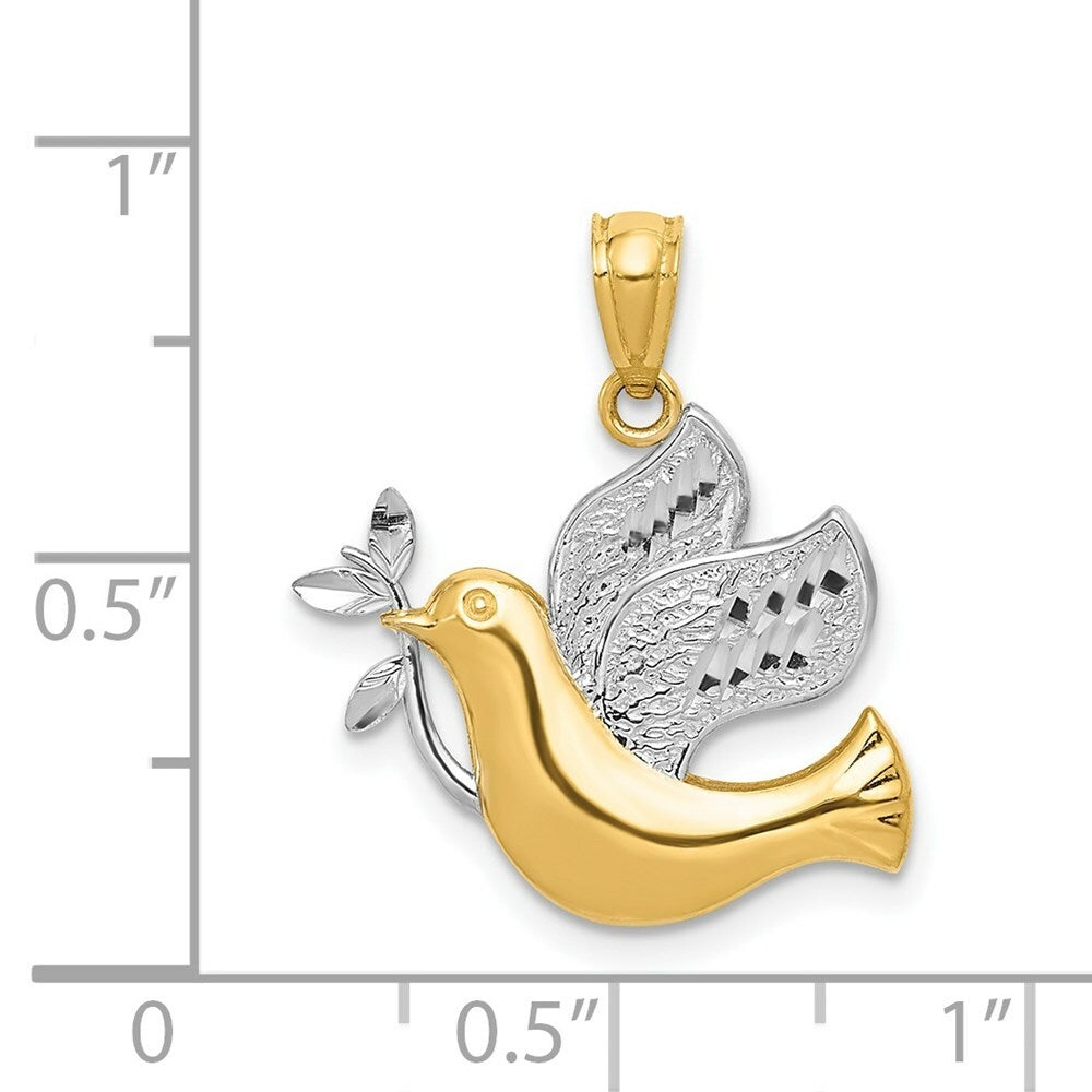 14K Yellow Gold w/Rhodium Polished Dove w/Olive Branch Pendant