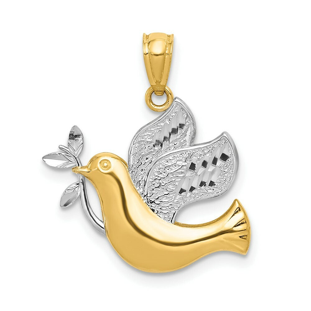 14K Yellow Gold w/Rhodium Polished Dove w/Olive Branch Pendant