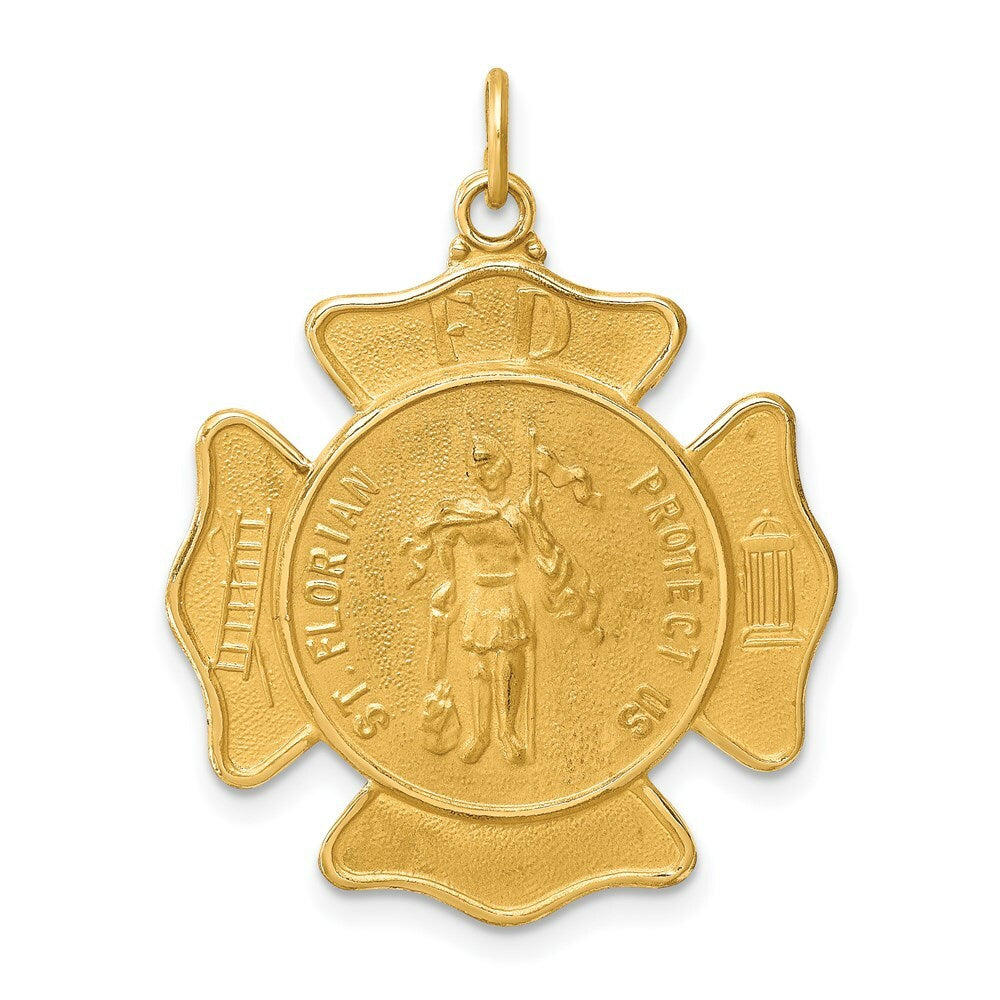 14K Yellow Gold Solid Polished/Satin Large St. Florian Fire Dept. Badge Medal