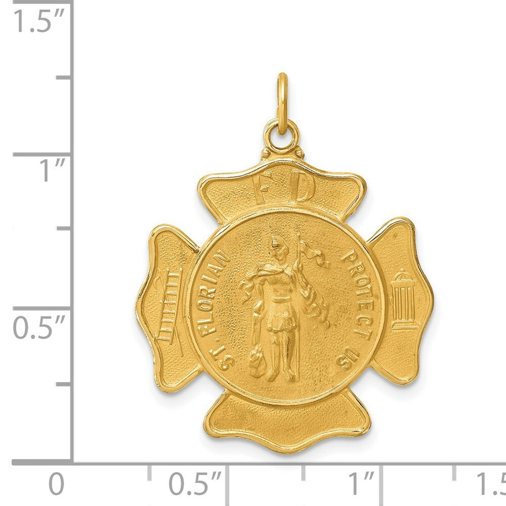 14K Yellow Gold Solid Polished/Satin Large St. Florian Fire Dept. Badge Medal