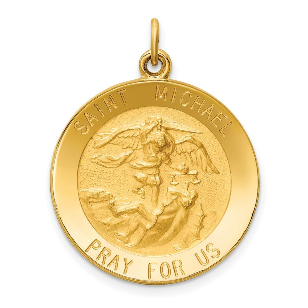 14K Yellow Gold Solid Polished/Satin Medium Round St. Michael Medal