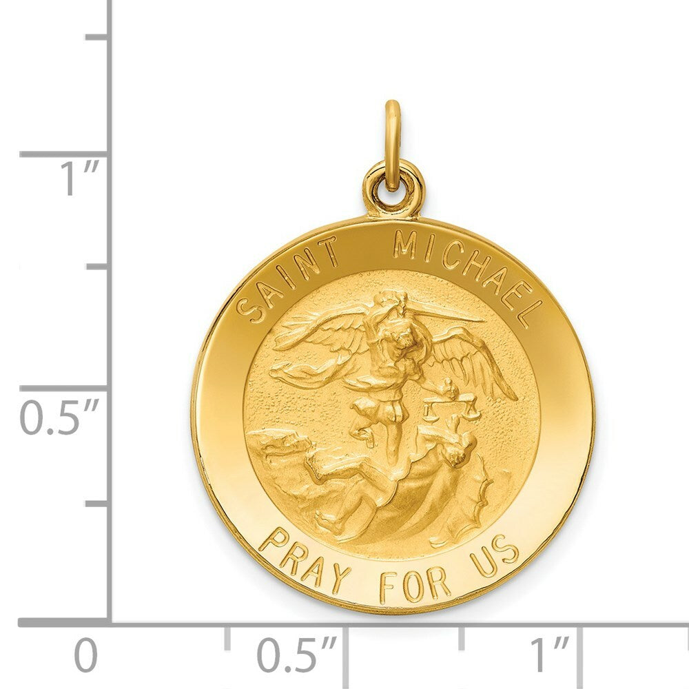 14K Yellow Gold Solid Polished/Satin Medium Round St. Michael Medal