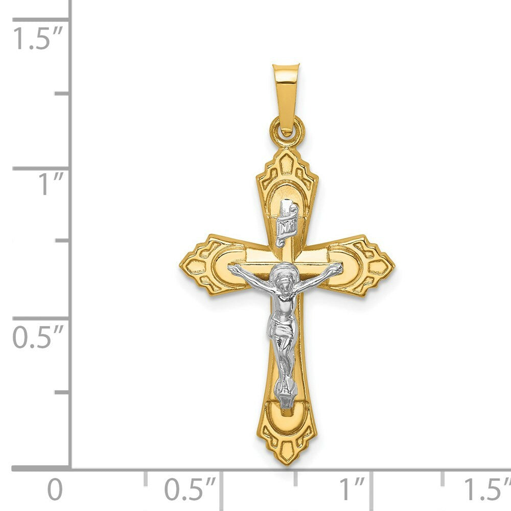 14K Two-Tone Gold Hollow Polished Fleur de Lis Crucifix
