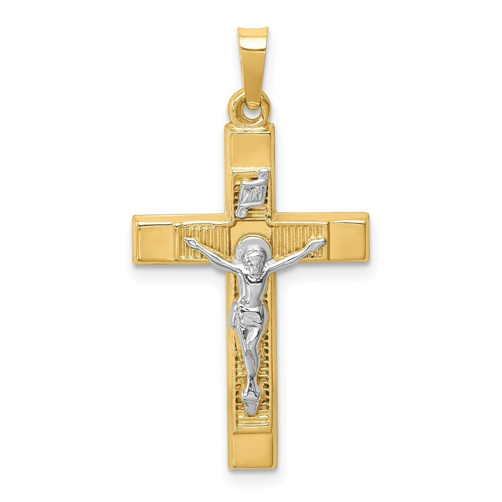 14K Two-Tone Gold Hollow Polished Textured Latin Crucifix