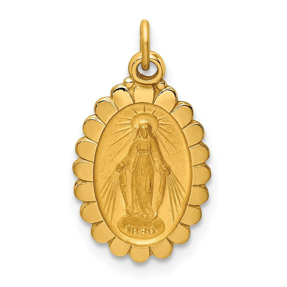 14K Yellow Gold Solid Polished/Satin Small Oval Scalloped Miraculous Medal