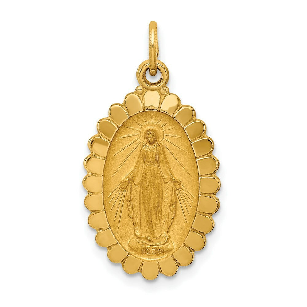 14K Yellow Gold Solid Polished/Satin Medium Oval Scalloped Miraculous Medal