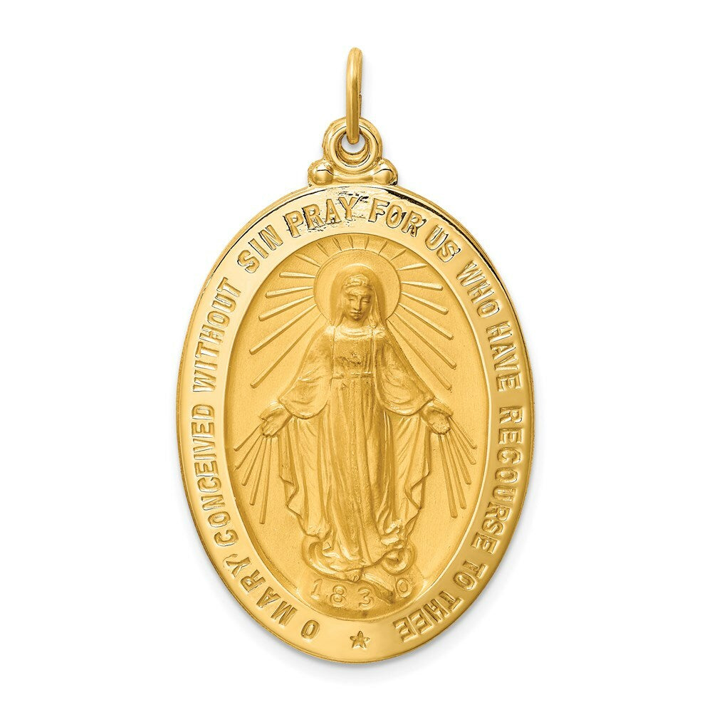 14K Yellow Gold Solid Polished/Satin Large Oval Miraculous Medal