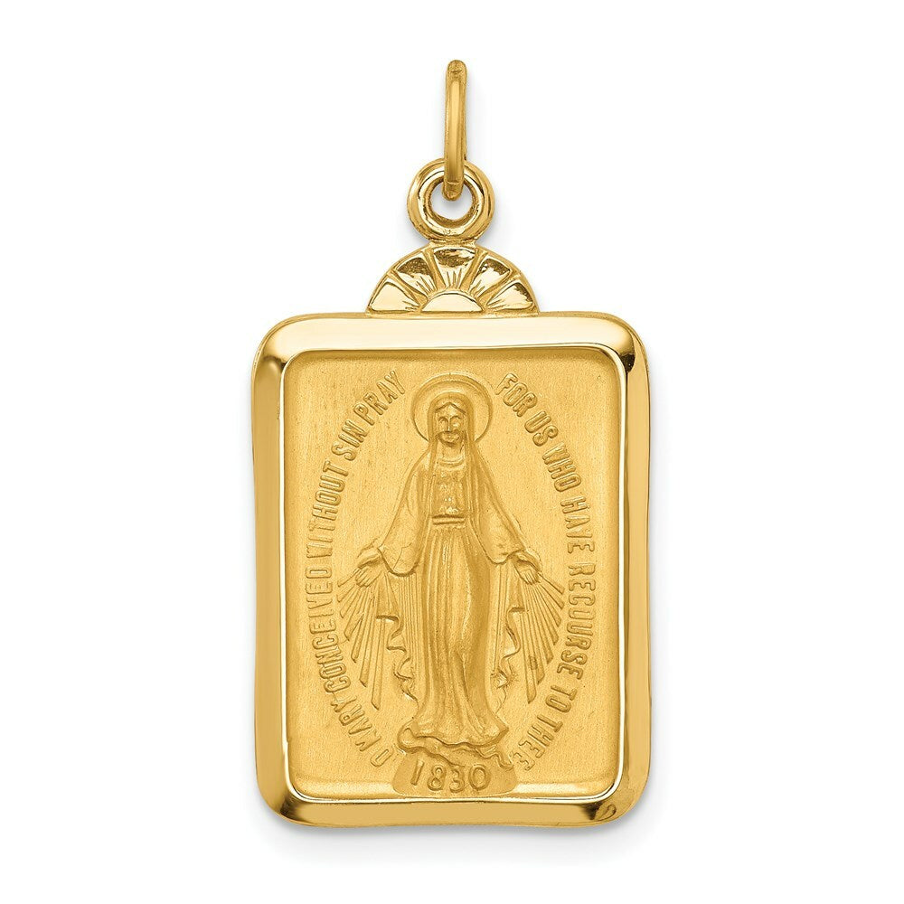 14K Yellow Gold Solid Polished/Satin Rectangle With Fan Top Miraculous Medal