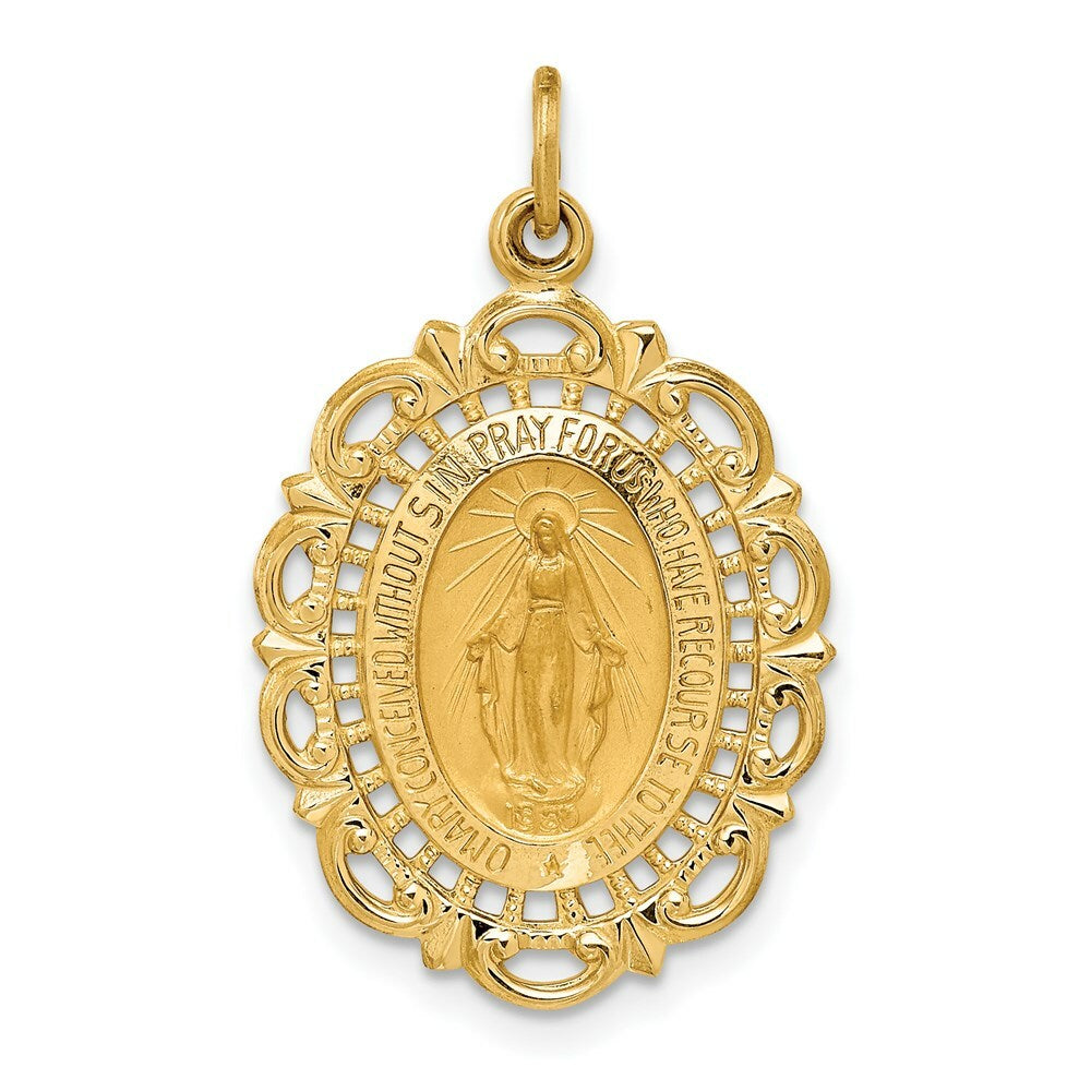 14K Yellow Gold Solid Polished/Satin Medium Fancy Pierced Oval Miraculous Medal