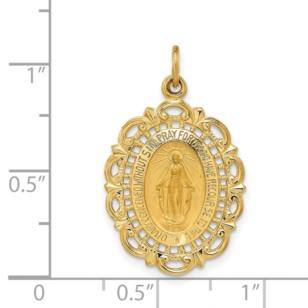 14K Yellow Gold Solid Polished/Satin Medium Fancy Pierced Oval Miraculous Medal