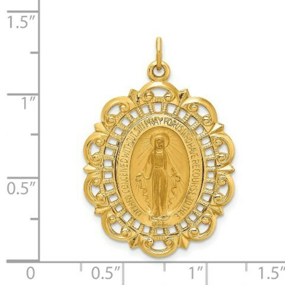 14K Yellow Gold Solid Polished/Satin Fancy Pierced Oval Miraculous Medal