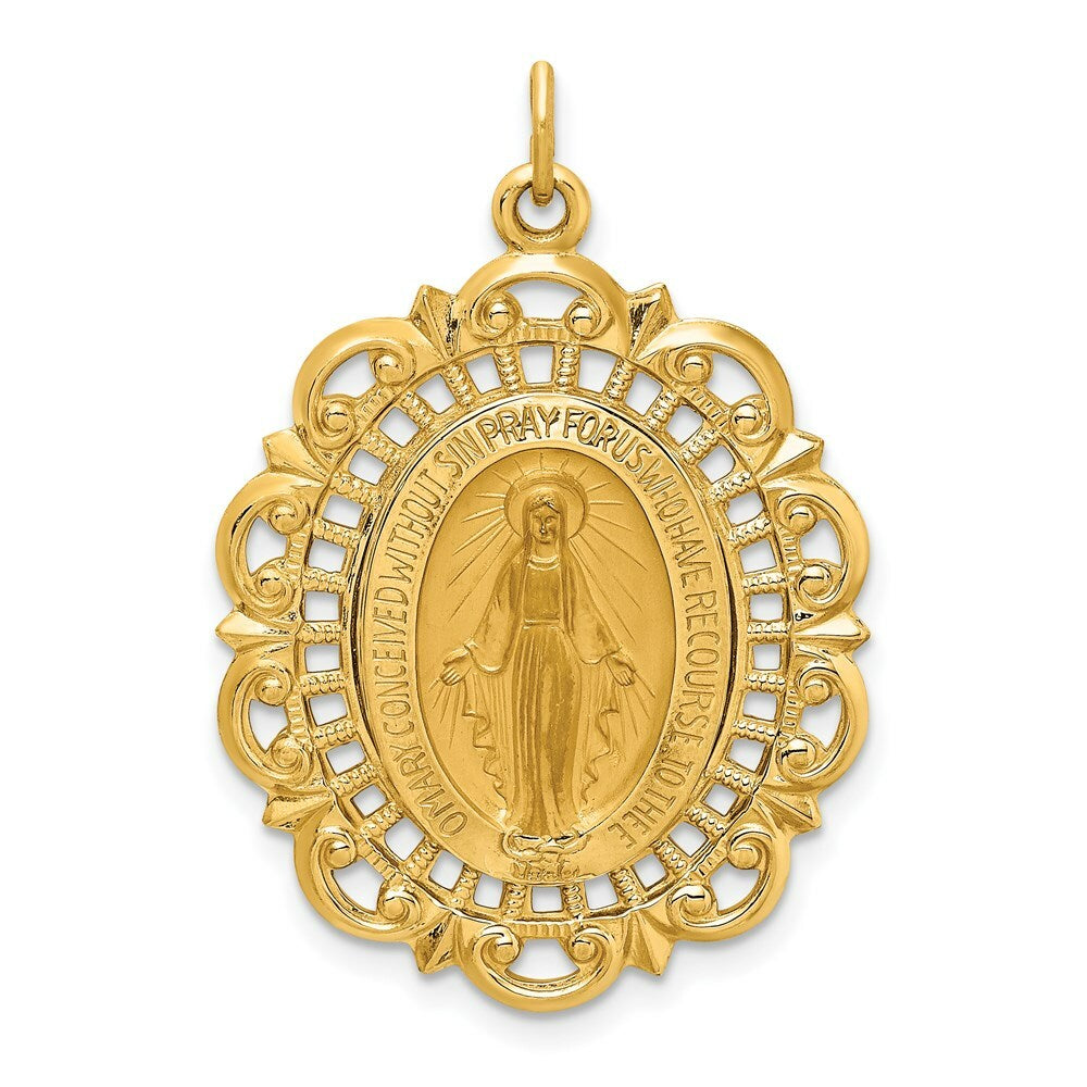 14K Yellow Gold Solid Polished/Satin Fancy Pierced Oval Miraculous Medal