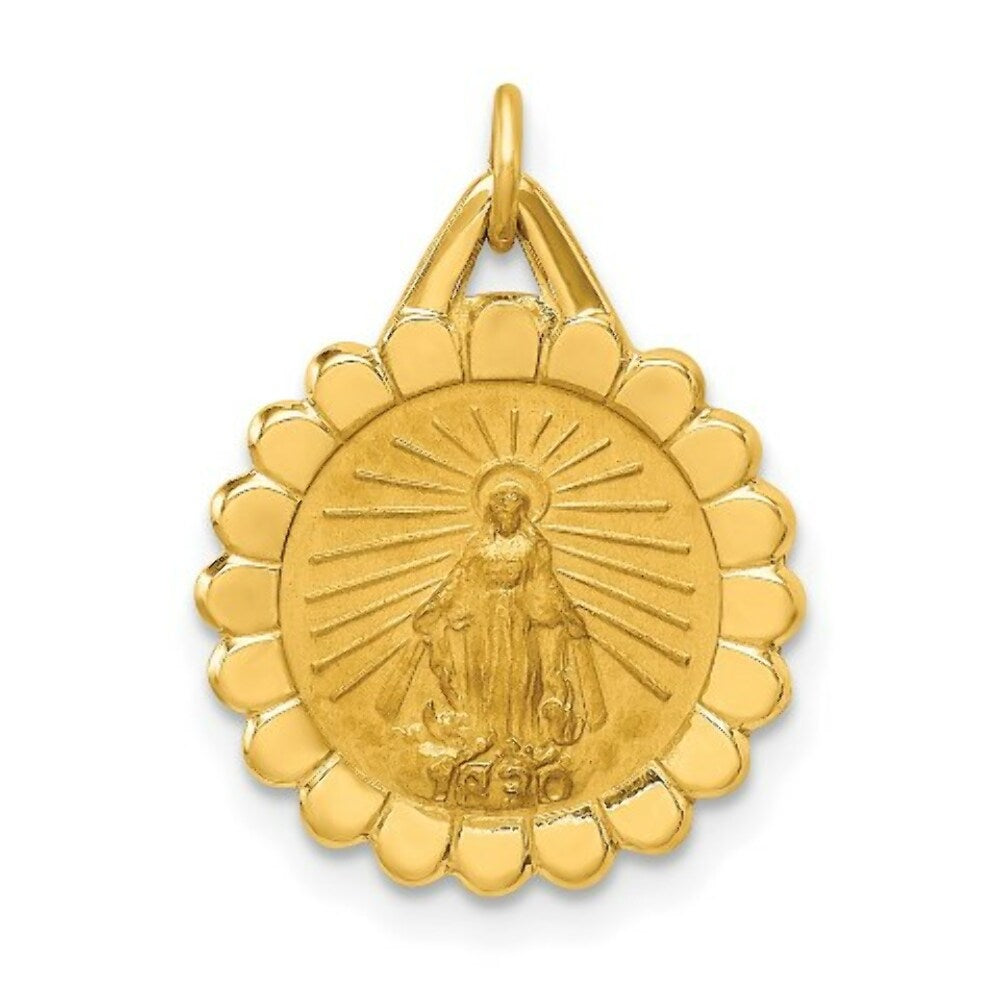14K Yellow Gold Solid Polished/Satin Small Round Scalloped Miraculous Medal