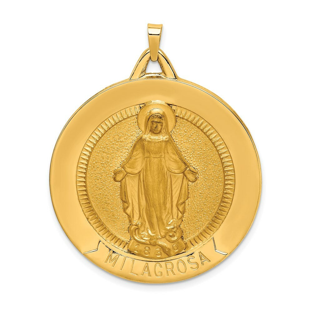 14K Yellow Gold Solid Polished/Satin Large Raised Round Milagrosa Medal
