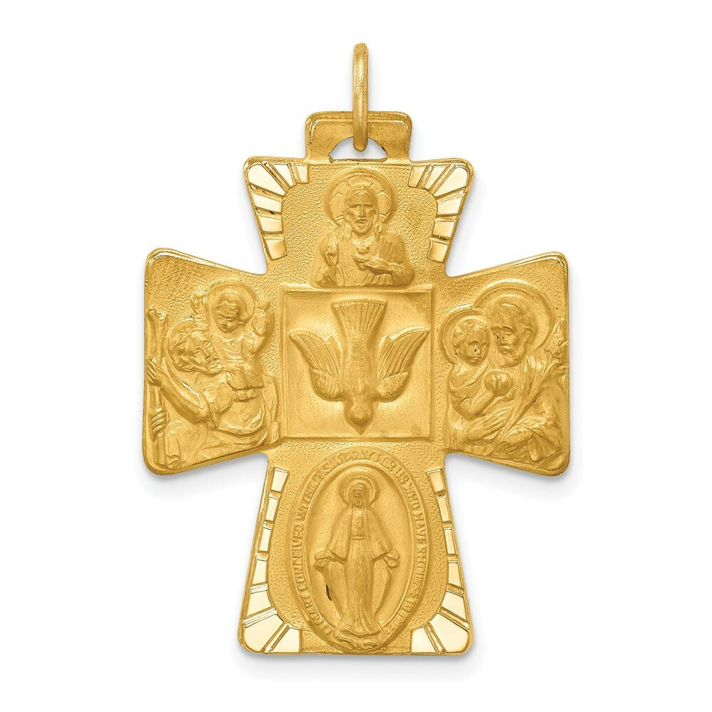 14K Yellow Gold Solid Polished/Satin Large 4-Way Medal Cross