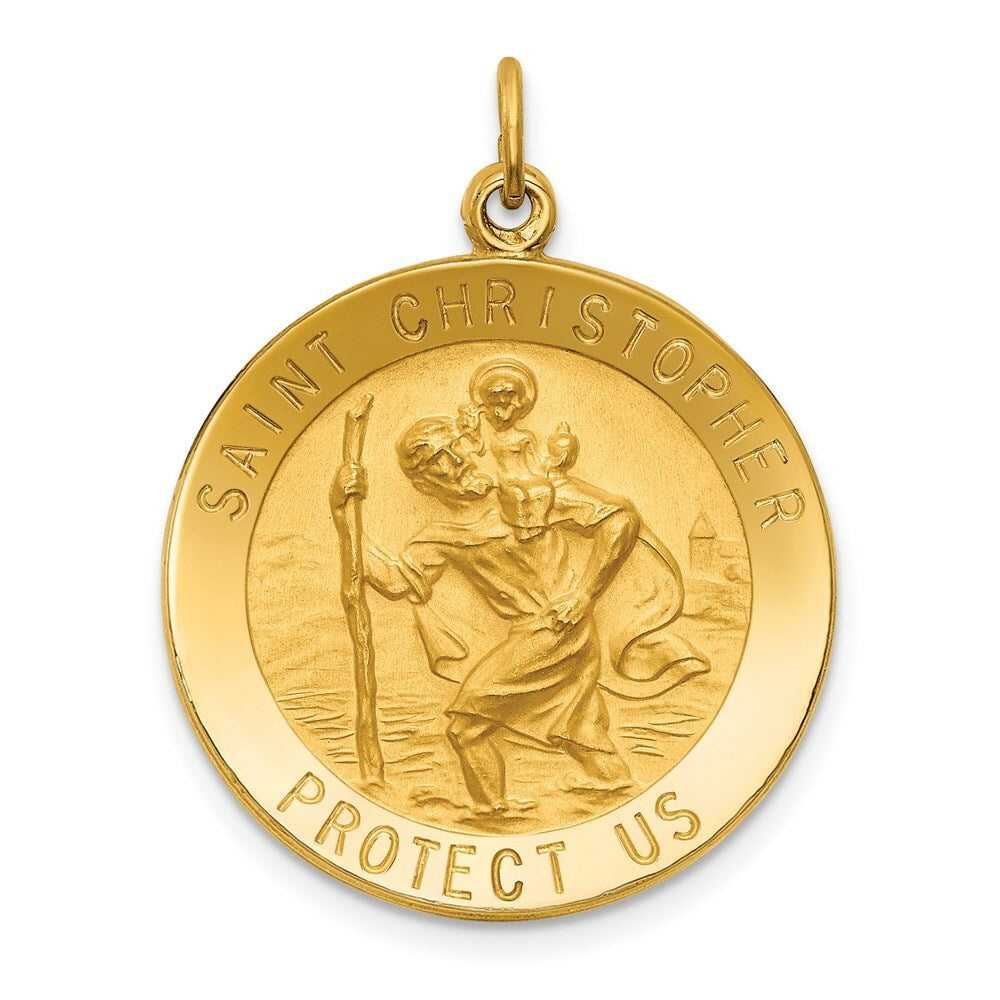 14K Yellow Gold Solid Polished/Satin Medium Round St. Christopher Medal