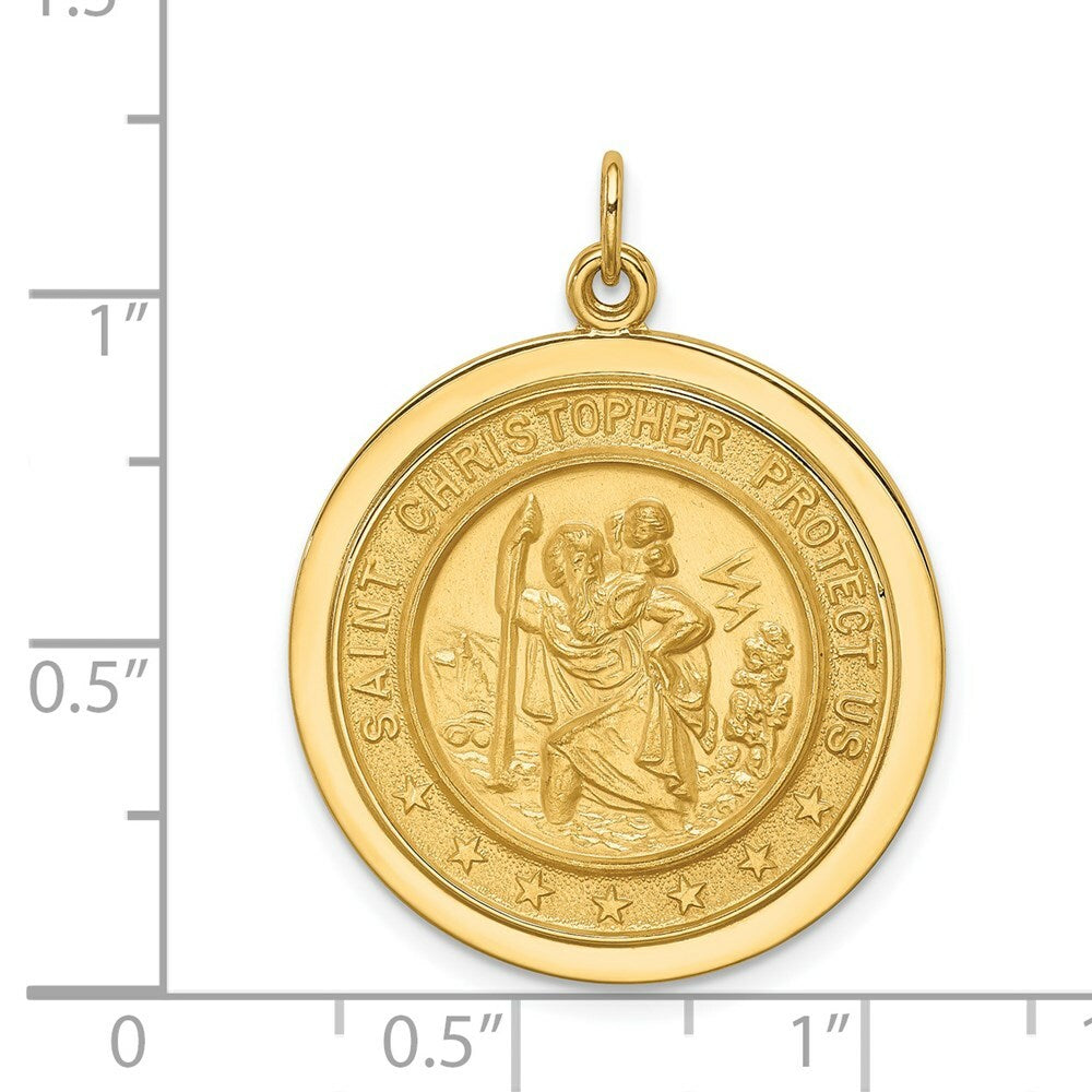 14K Yellow Gold Solid Polished/Satin Medium Round Disc St. Christopher Medal