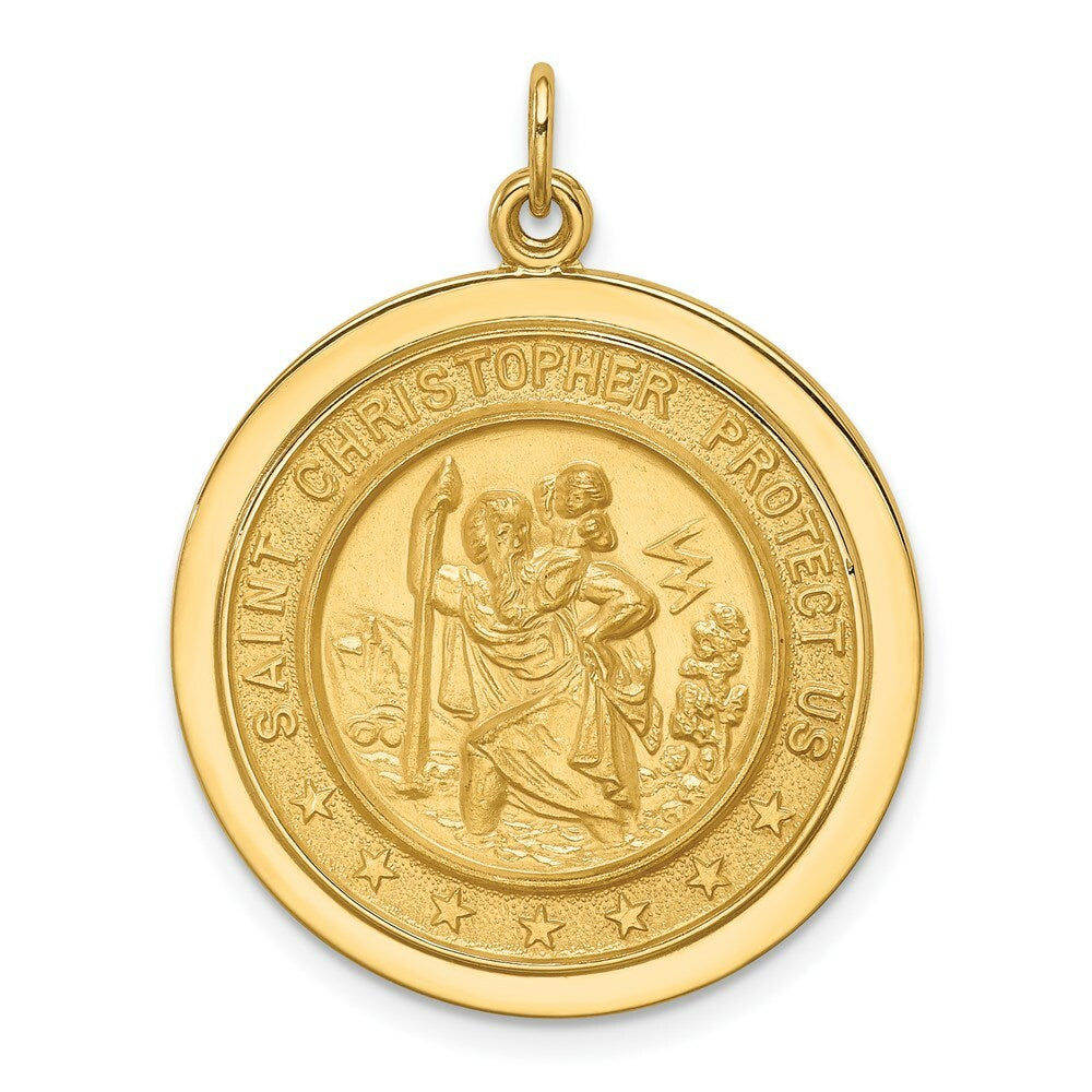 14K Yellow Gold Solid Polished/Satin Medium Round Disc St. Christopher Medal